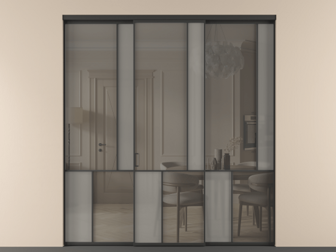 Перегородка Mosaic внутри проёма 3 створки АЛПР 041.21 Алюминий Черный Сатинированное серое стекло, триплекс, 6 мм + Прозрачное серое стекло, триплекс. Скрытый короб ЧЕР Цена 327170 ₽ . Фабрика дверей Волховец 8 (800) 551 43 19 Перегородка Mosaic внутри проёма 3 створки АЛПР 041.21 Алюминий Черный Сатинированное серое стекло, триплекс, 6 мм + Прозрачное серое стекло, триплекс Цена 327170 ₽ | Volhovec