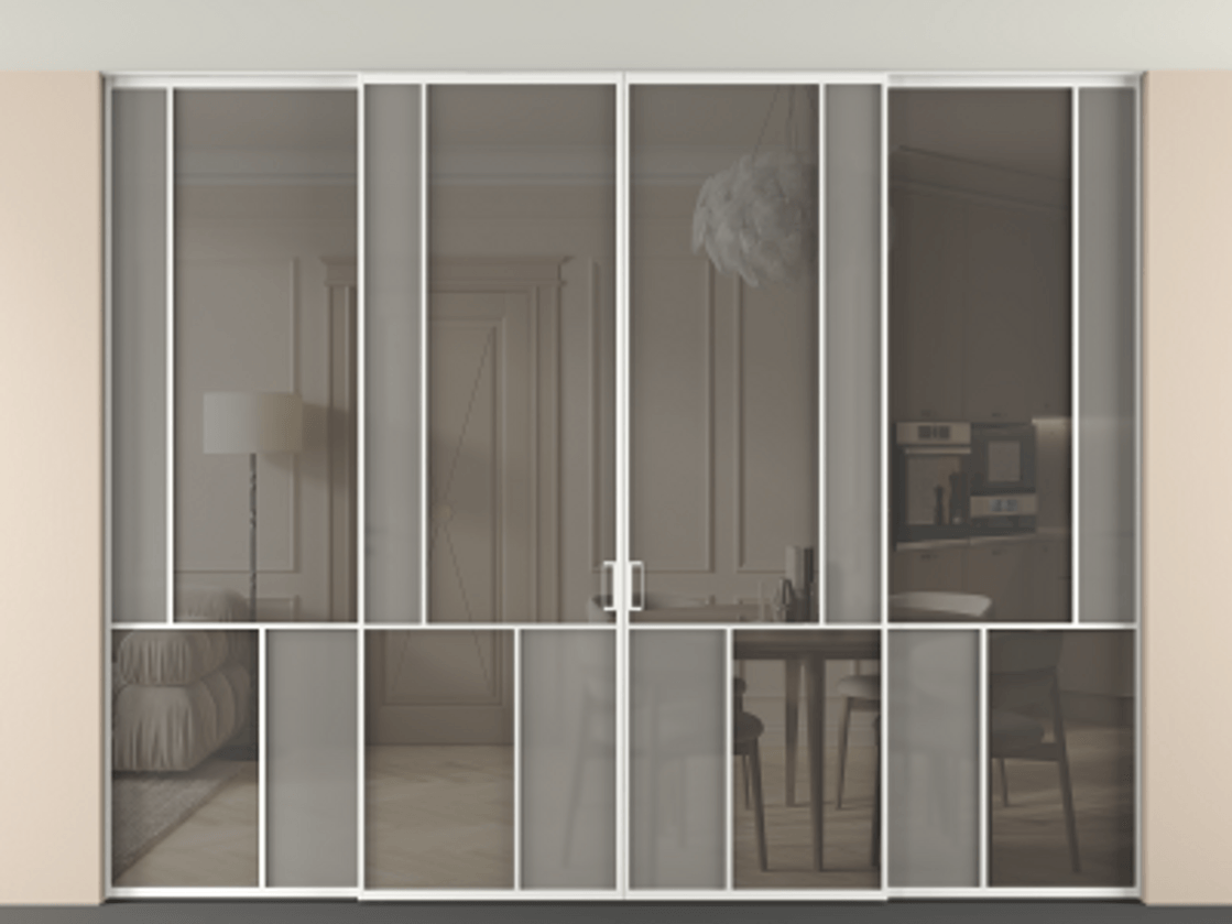 Перегородка Mosaic внутри проёма четырёхстворчатая со скрытым креплением в потолок АЛПР 041.21 Алюминий белоснежный Декоративное стекло с сеткой "Mesh silver", триплекс, 6 мм + Прозрачное бронзовое стекло, триплекс, 6 мм. Цена 3934720 AMD . Фабрика дверей Волховец 8 (800) 551 43 19 Перегородка Mosaic внутри проёма четырёхстворчатая со скрытым креплением в потолок АЛПР 041.21 Алюминий белоснежный Декоративное стекло с сеткой "Mesh silver", триплекс, 6 мм + Прозрачное бронзовое стекло, триплекс, 6 мм Цена 3934720 AMD | Volhovec