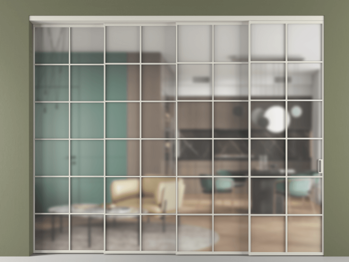 Перегородка Формато внутри проёма 4 створки с синхронным механизмом АЛПР 040.05 Алюминий тёплый серый Сатинированное стекло "Мателюкс Кристал Вижн", калёное, матовое, каленое 6 мм. Цена 514280 ₽ 1. Полотно 4 шт. (800/2100 мм)
2. Комплект установки раздвижной системы
3. Базовый комплект фурнитуры
4. Комплект фурнитуры телескопик синхро-3
5. Ручка Рондо. Фабрика дверей Волховец 8 (800) 551 43 19 Перегородка Формато внутри проёма 4 створки с синхронным механизмом АЛПР 040.05 Алюминий тёплый серый Сатинированное стекло "Мателюкс Кристал Вижн", калёное, матовое, каленое 6 мм Цена 514280 ₽ | Volhovec