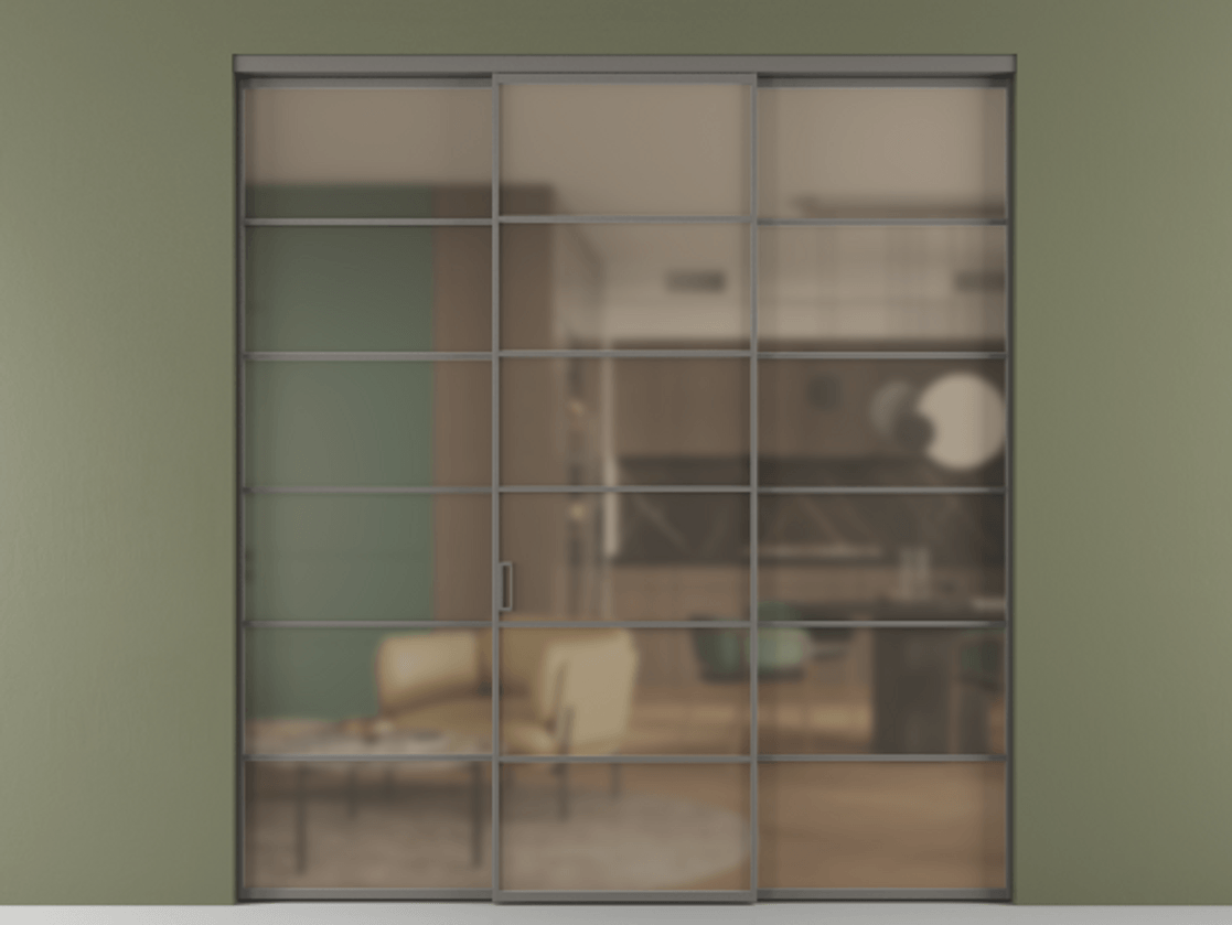 Перегородка Формато внутри проёма 3 створки АЛПР 040.04 Алюминий классический серый Сатинированное бронзовое стекло, триплекс. Цена 254825 ₽ 1. Полотно 3 шт. (800/2100 мм)
2. Комплект установки раздвижной системы
3. Базовый комплект фурнитуры
4.Ручка Рондо. Фабрика дверей Волховец 8 (800) 551 43 19 Перегородка Формато внутри проёма 3 створки АЛПР 040.04 Алюминий классический серый Сатинированное бронзовое стекло, триплекс Цена 254825 ₽ | Volhovec