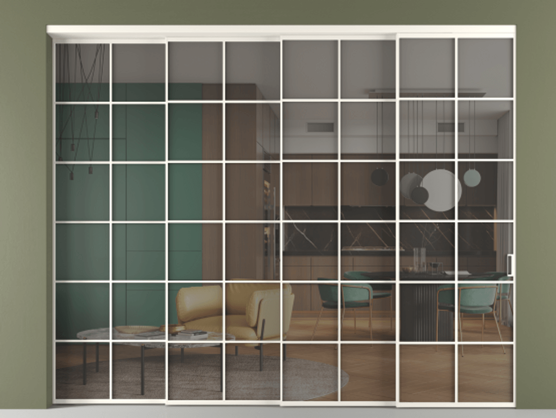 Перегородка Формато внутри проёма 4 створки с синхронным механизмом АЛПР 040.05 Алюминий пудровый белый Прозрачное серое стекло, триплекс. Цена 488680 ₽ 1. Полотно 4 шт. (800/2100 мм)
2. Комплект установки раздвижной системы
3. Базовый комплект фурнитуры
4. Комплект фурнитуры телескопик синхро-3
5. Ручка Рондо. Фабрика дверей Волховец 8 (800) 551 43 19 Перегородка Формато внутри проёма 4 створки с синхронным механизмом АЛПР 040.05 Алюминий пудровый белый Прозрачное серое стекло, триплекс Цена 488680 ₽ | Volhovec