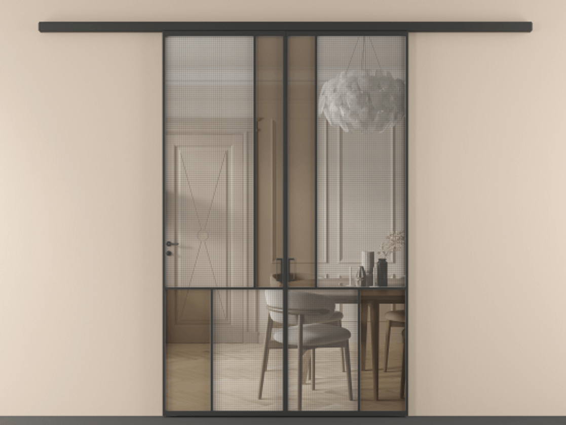 Перегородка Mosaic вдоль стены двустворчатая АЛПР 041.20 Алюминий Черный Декоративное стекло с сеткой "Mesh silver", триплекс, 6 мм + Прозрачное бронзовое стекло, триплекс, 6 мм. Скрытый короб ЧЕР Цена 276720 ₽ . Фабрика дверей Волховец 8 (800) 551 43 19 Перегородка Mosaic вдоль стены двустворчатая АЛПР 041.20 Алюминий Черный Декоративное стекло с сеткой "Mesh silver", триплекс, 6 мм + Прозрачное бронзовое стекло, триплекс, 6 мм Цена 276720 ₽ | Volhovec