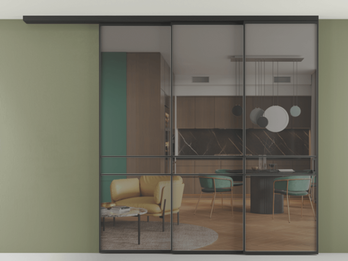 Перегородка Formato вдоль стены на потолок телескопик синхро 3 АЛПР 040.02 Алюминий Черный Прозрачное серое стекло, триплекс, 6 мм. Скрытый короб ЧЕР Цена 72214410 so'm 1. Полотно 2 шт.  (800/2100 мм)
2. Комплект установки раздвижной системы
3. Базовый комплект фурнитуры
4.Ручка RONDO
. Фабрика дверей Волховец 8 (800) 551 43 19  Перегородка Formato вдоль стены на потолок телескопик синхро 3 АЛПР 040.02 Алюминий Черный Прозрачное серое стекло, триплекс, 6 мм Цена 72214410 so'm | Volhovec