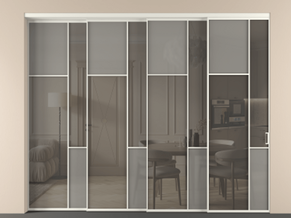 Перегородка Mosaic внутри проёма 4 створки с синхронным механизмом АЛПР 041.10 Алюминий Белый Сатинированное серое стекло, триплекс, 6 мм + Прозрачное серое стекло, триплекс. Скрытый короб БЕЛ Цена 560060 ₽ . Фабрика дверей Волховец 8 (800) 551 43 19 Перегородка Mosaic внутри проёма 4 створки с синхронным механизмом АЛПР 041.10 Алюминий Белый Сатинированное серое стекло, триплекс, 6 мм + Прозрачное серое стекло, триплекс Цена 560060 ₽ | Volhovec