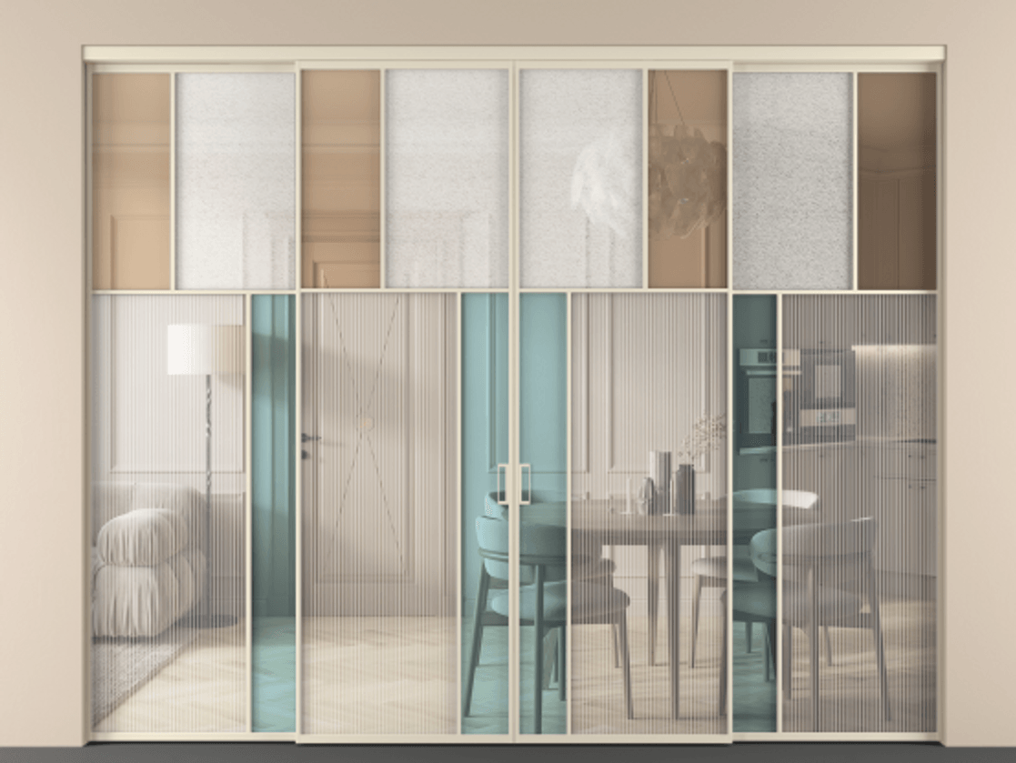 Перегородка Mosaic внутри проёма четырёхстворчатая АЛПР 041.22 Алюминий бежево-серый Комбинация стекол Группы 1 и Группы 3. Цена 434580 ₽ . Фабрика дверей Волховец 8 (800) 551 43 19 Перегородка Mosaic внутри проёма четырёхстворчатая АЛПР 041.22 Алюминий бежево-серый Комбинация стекол Группы 1 и Группы 3 Цена 434580 ₽ | Volhovec