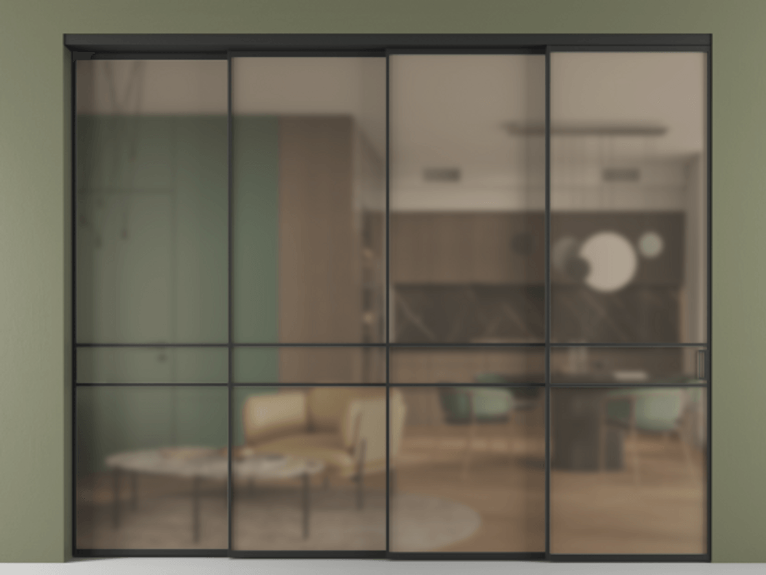 Перегородка Formato внутри проёма телескопик синхро 3 АЛПР 040.02 Алюминий Черный Сатинированное бронзовое стекло, триплекс, 6 мм. Скрытый короб ЧЕР Цена 95552100 so'm 1. Полотно 4 шт. (800/2100 мм)
2. Комплект установки раздвижной системы
3. Базовый комплект фурнитуры
4. Комплект фурнитуры телескопик синхро-3
5. Ручка RONDO
. Фабрика дверей Волховец 8 (800) 551 43 19 Перегородка Formato внутри проёма телескопик синхро 3 АЛПР 040.02 Алюминий Черный Сатинированное бронзовое стекло, триплекс, 6 мм Цена 95552100 so'm | Volhovec