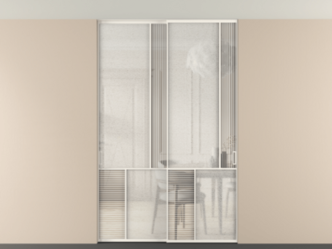 Перегородка Мозаик внутри проёма скрытое крепление в потолок 2 створки АЛПР 041.21 Алюминий пудровый белый Рифлёное стекло "Дюна", триплекс, 6 мм + Фактурное стекло "Лёд", триплекс. Цена 340580 ₽ . Фабрика дверей Волховец 8 (800) 551 43 19 Перегородка Мозаик внутри проёма скрытое крепление в потолок 2 створки АЛПР 041.21 Алюминий пудровый белый Рифлёное стекло "Дюна", триплекс, 6 мм + Фактурное стекло "Лёд", триплекс Цена 340580 ₽ | Volhovec