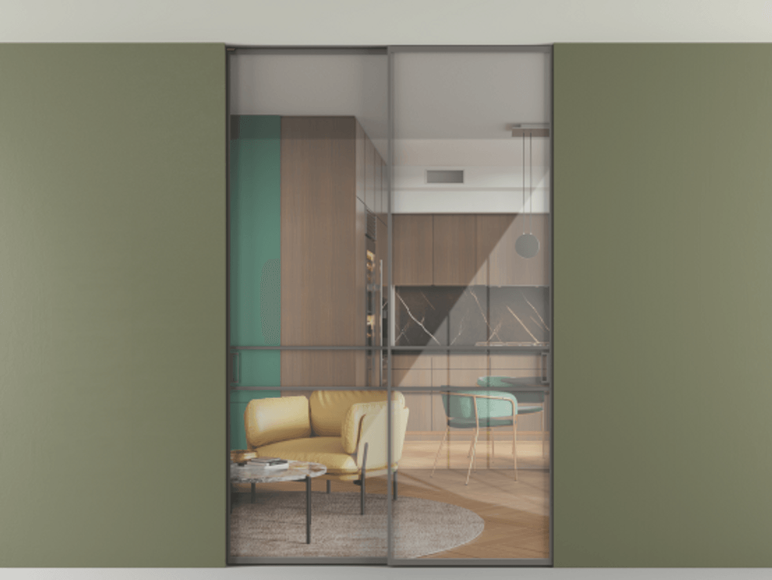 Перегородка Formato внутри проёма скрытое крепление в потолок 2 створки АЛПР 040.02 Алюминий классический серый Рефлективное прозрачное стекло "Stopsol", калёное. Цена 305520 ₽ 1. Полотно 2 шт. (800/2100 мм)
2. Комплект установки раздвижной системы
3. Базовый комплект фурнитуры
4. Ручка RONDO. Фабрика дверей Волховец 8 (800) 551 43 19 Перегородка Formato внутри проёма скрытое крепление в потолок 2 створки АЛПР 040.02 Алюминий классический серый Рефлективное прозрачное стекло "Stopsol", калёное Цена 305520 ₽ | Volhovec