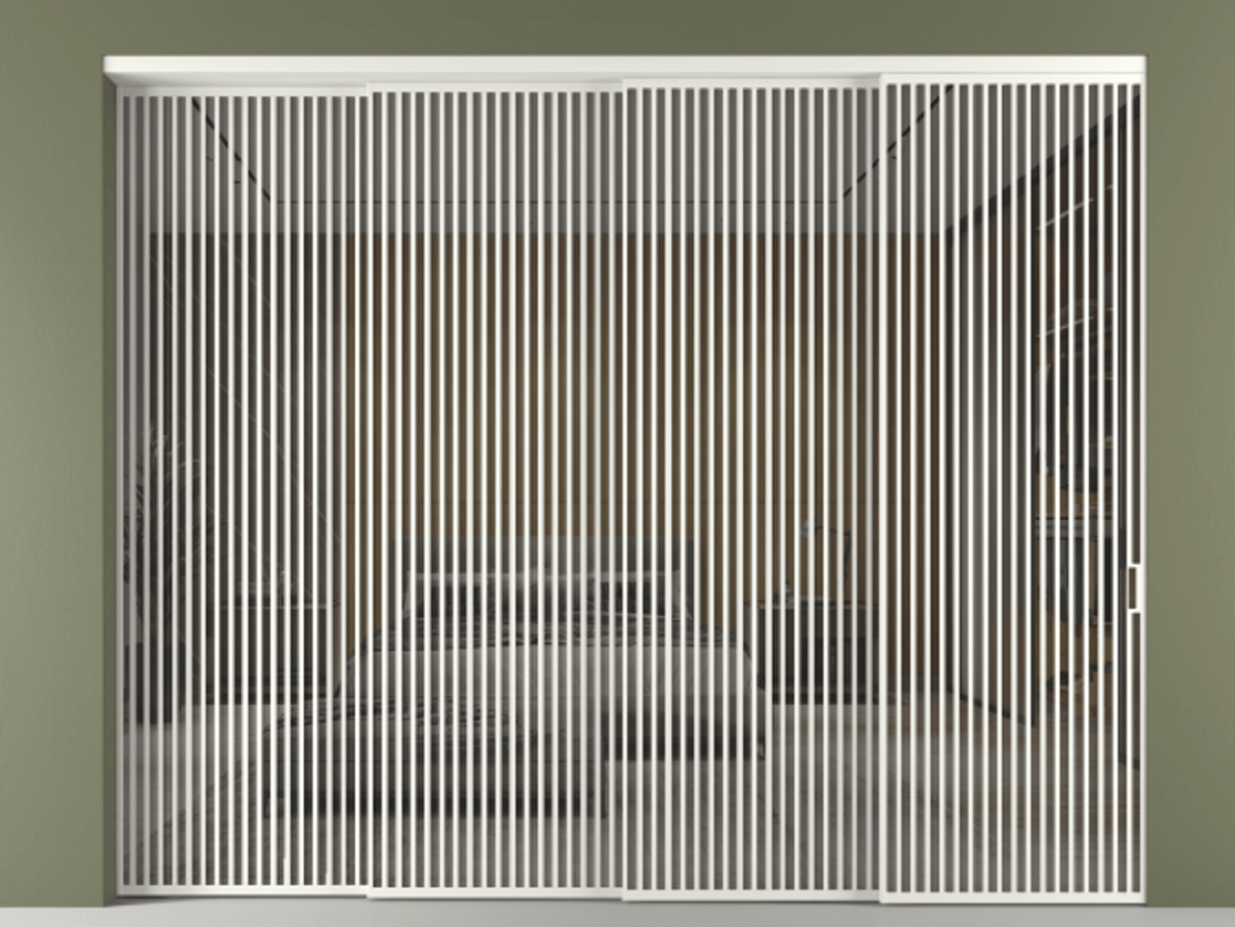 Перегородка Формато внутри проёма 4 створки с синхронным механизмом АЛПР 040.06 Алюминий светло-серый Рефлективное серое стекло "Стопсол", калёное. Цена 802920 ₽ 1. Полотно 4 шт. (800/2100 мм)
2. Комплект установки раздвижной системы
3. Базовый комплект фурнитуры
4. Комплект фурнитуры телескопик синхро-3
5. Ручка Рондо. Фабрика дверей Волховец 8 (800) 551 43 19 Перегородка Формато внутри проёма 4 створки с синхронным механизмом АЛПР 040.06 Алюминий светло-серый Рефлективное серое стекло "Стопсол", калёное Цена 802920 ₽ | Volhovec