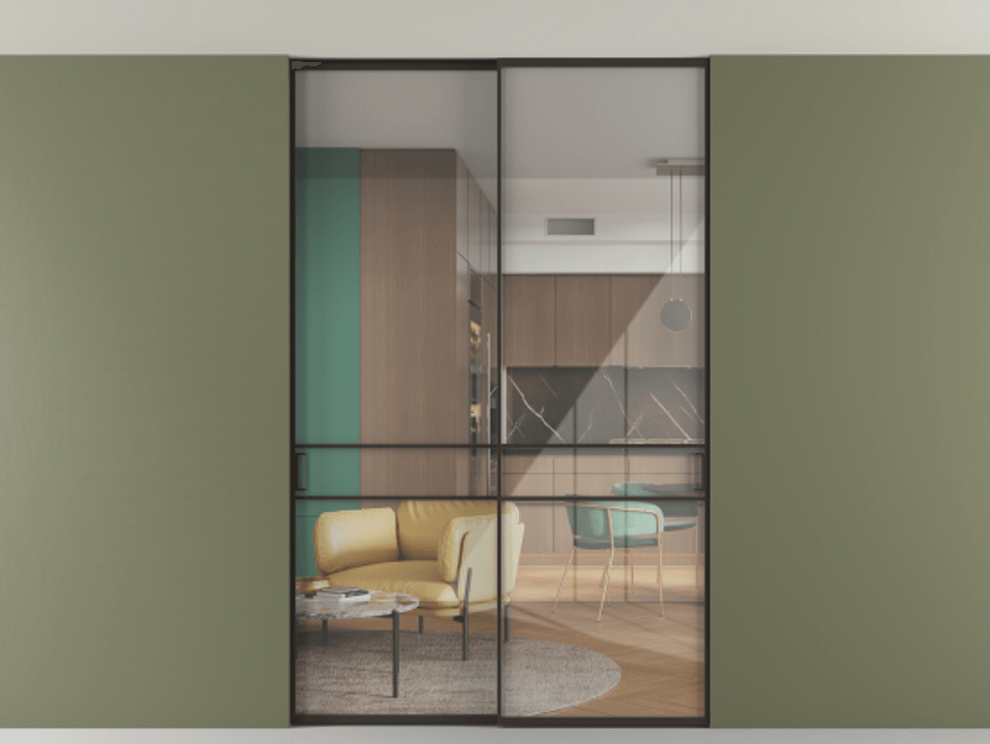 Перегородка Formato внутри проёма скрытое крепление в потолок 2 створки АЛПР 040.02 Алюминий антрацит Рефлективное прозрачное стекло "Stopsol", калёное. Цена 305520 ₽ 1. Полотно 2 шт. (800/2100 мм)
2. Комплект установки раздвижной системы
3. Базовый комплект фурнитуры
4. Ручка RONDO. Фабрика дверей Волховец 8 (800) 551 43 19 Перегородка Formato внутри проёма скрытое крепление в потолок 2 створки АЛПР 040.02 Алюминий антрацит Рефлективное прозрачное стекло "Stopsol", калёное Цена 305520 ₽ | Volhovec