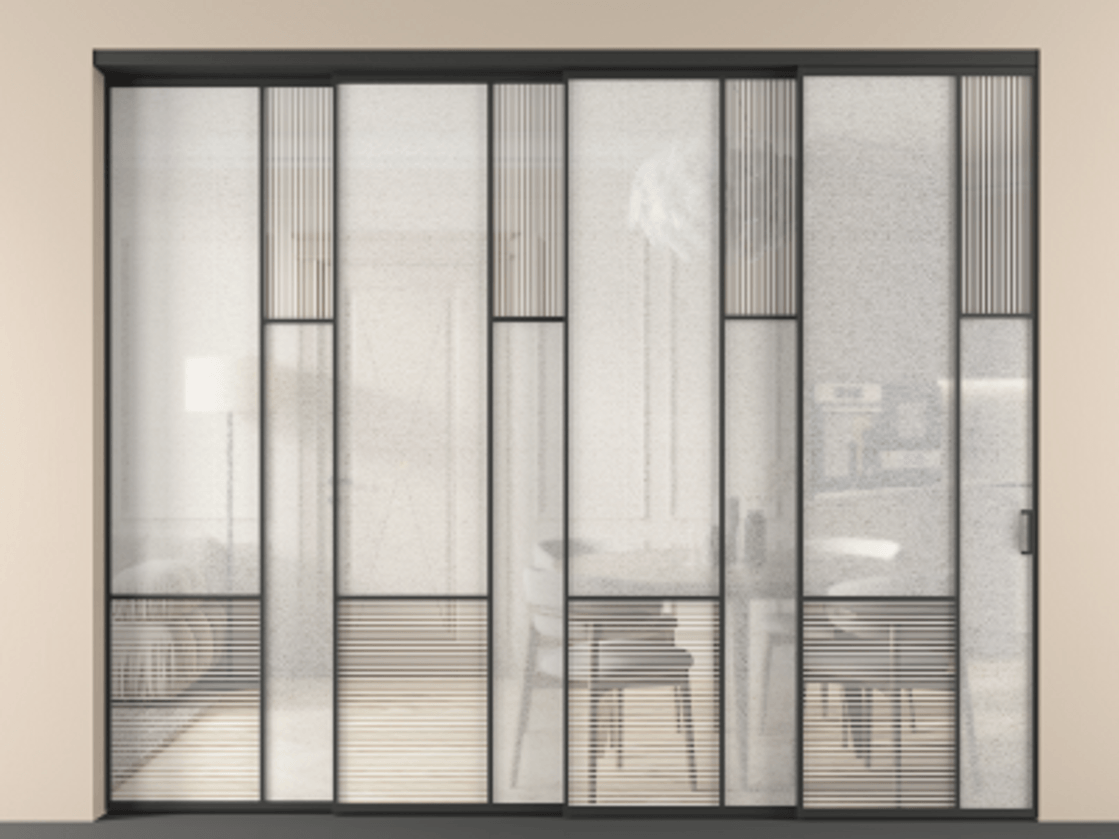 Перегородка Мозаик внутри проёма 4 створки с синхронным механизмом АЛПР 041.12 Алюминий Черный Рифлёное стекло "Дюна", триплекс, 6 мм + Фактурное стекло "Лёд", триплекс. Скрытый короб ЧЕР Цена 592060 ₽ . Фабрика дверей Волховец 8 (800) 551 43 19 Перегородка Мозаик внутри проёма 4 створки с синхронным механизмом АЛПР 041.12 Алюминий Черный Рифлёное стекло "Дюна", триплекс, 6 мм + Фактурное стекло "Лёд", триплекс Цена 592060 ₽ | Volhovec