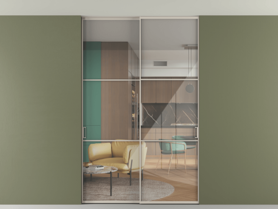 Перегородка Формато внутри проёма скрытое крепление в потолок 2 створки АЛПР 040.03 Алюминий светло-бежевый Рефлективное прозрачное стекло "Стопсол", калёное. Цена 305520 ₽ 1. Полотно 2 шт. (800/2100 мм)
2. Комплект установки раздвижной системы
3. Базовый комплект фурнитуры
4. Ручка RONDO. Фабрика дверей Волховец 8 (800) 551 43 19 Перегородка Формато внутри проёма скрытое крепление в потолок 2 створки АЛПР 040.03 Алюминий светло-бежевый Рефлективное прозрачное стекло "Стопсол", калёное Цена 305520 ₽ | Volhovec