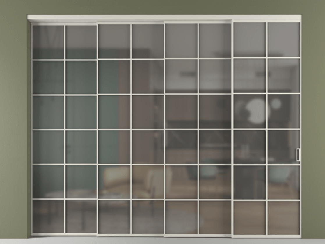 Перегородка Формато внутри проёма 4 створки с синхронным механизмом АЛПР 040.05 Алюминий тёплый серый Сатинированное серое стекло, триплекс. Цена 488680 ₽ 1. Полотно 4 шт. (800/2100 мм)
2. Комплект установки раздвижной системы
3. Базовый комплект фурнитуры
4. Комплект фурнитуры телескопик синхро-3
5. Ручка Рондо. Фабрика дверей Волховец 8 (800) 551 43 19 Перегородка Формато внутри проёма 4 створки с синхронным механизмом АЛПР 040.05 Алюминий тёплый серый Сатинированное серое стекло, триплекс Цена 488680 ₽ | Volhovec