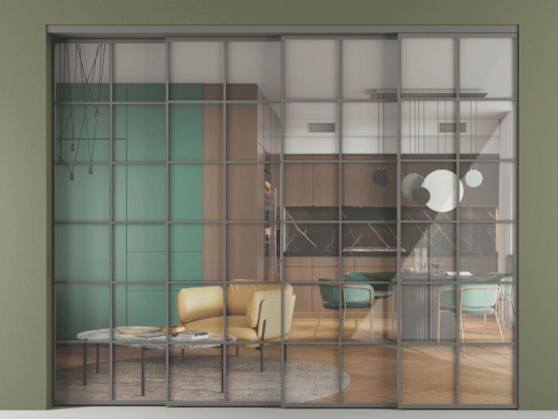 Перегородка Формато внутри проёма 4 створки с синхронным механизмом АЛПР 040.05 Алюминий классический серый Рефлективное прозрачное стекло "Стопсол", калёное. Цена 534260 ₽ 1. Полотно 4 шт. (800/2100 мм)
2. Комплект установки раздвижной системы
3. Базовый комплект фурнитуры
4. Комплект фурнитуры телескопик синхро-3
5. Ручка Рондо. Фабрика дверей Волховец 8 (800) 551 43 19 Перегородка Формато внутри проёма 4 створки с синхронным механизмом АЛПР 040.05 Алюминий классический серый Рефлективное прозрачное стекло "Стопсол", калёное Цена 534260 ₽ | Volhovec