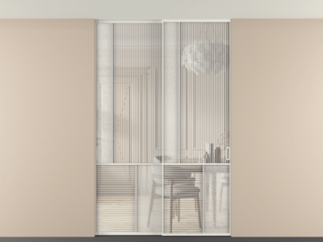 Перегородка Мозаик внутри проёма скрытое крепление в потолок 2 створки АЛПР 041.20 Алюминий Белый Рифлёное стекло "Дюна", триплекс, 6 мм + Фактурное стекло "Лёд", триплекс. Скрытый короб БЕЛ Цена 331020 ₽ . Фабрика дверей Волховец 8 (800) 551 43 19 Перегородка Мозаик внутри проёма скрытое крепление в потолок 2 створки АЛПР 041.20 Алюминий Белый Рифлёное стекло "Дюна", триплекс, 6 мм + Фактурное стекло "Лёд", триплекс Цена 331020 ₽ | Volhovec