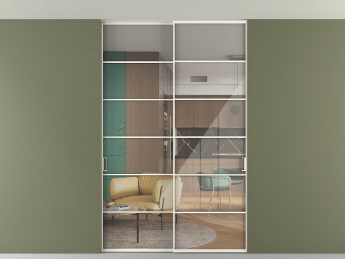 Перегородка Формато внутри проёма скрытое крепление в потолок 2 створки АЛПР 040.04 Алюминий жемчужный Рефлективное прозрачное стекло "Стопсол", калёное. Цена 322680 ₽ 1. Полотно 2 шт. (800/2100 мм)
2. Комплект установки раздвижной системы
3. Базовый комплект фурнитуры
4. Ручка Рондо. Фабрика дверей Волховец 8 (800) 551 43 19 Перегородка Формато внутри проёма скрытое крепление в потолок 2 створки АЛПР 040.04 Алюминий жемчужный Рефлективное прозрачное стекло "Стопсол", калёное Цена 322680 ₽ | Volhovec