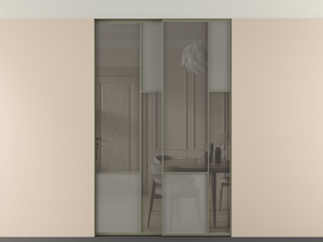 Перегородка Мозаик внутри проёма скрытое крепление в потолок 2 створки АЛПР 041.12 Алюминий оливковый тёмный Сатинированное серое стекло, триплекс, 6 мм + Прозрачное серое стекло, триплекс. Цена 324580 ₽ . Фабрика дверей Волховец 8 (800) 551 43 19 Перегородка Мозаик внутри проёма скрытое крепление в потолок 2 створки АЛПР 041.12 Алюминий оливковый тёмный Сатинированное серое стекло, триплекс, 6 мм + Прозрачное серое стекло, триплекс Цена 324580 ₽ | Volhovec