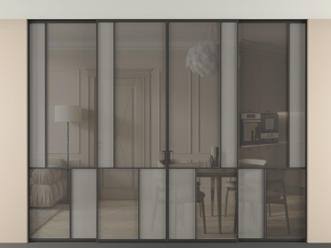 Перегородка Mosaic внутри проёма скрытое крепление в потолок 4 створки АЛПР 041.21 Алюминий Черный Сатинированное серое стекло, триплекс, 6 мм + Прозрачное серое стекло, триплекс. Скрытый короб ЧЕР Цена 574140 ₽ . Фабрика дверей Волховец 8 (800) 551 43 19 Перегородка Mosaic внутри проёма скрытое крепление в потолок 4 створки АЛПР 041.21 Алюминий Черный Сатинированное серое стекло, триплекс, 6 мм + Прозрачное серое стекло, триплекс Цена 574140 ₽ | Volhovec