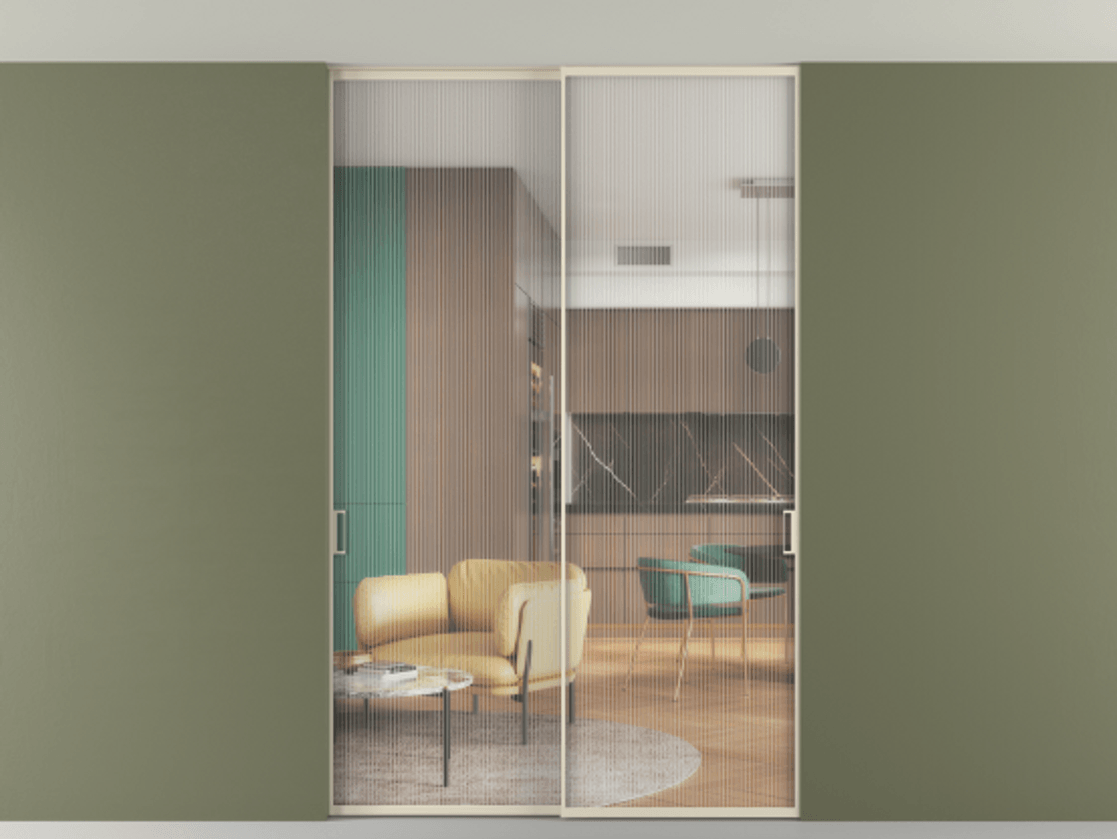 Перегородка Формато внутри проёма скрытое крепление в потолок 2 створки АЛПР 040.01 Алюминий бежево-серый Рифлёное стекло "Мору", триплекс. Цена 251305 ₽ 1. Полотно 2 шт. (800/2100 мм)
2. Комплект установки раздвижной системы
3. Базовый комплект фурнитуры
4. Ручка Рондо. Фабрика дверей Волховец 8 (800) 551 43 19 Перегородка Формато внутри проёма скрытое крепление в потолок 2 створки АЛПР 040.01 Алюминий бежево-серый Рифлёное стекло "Мору", триплекс Цена 251305 ₽ | Volhovec