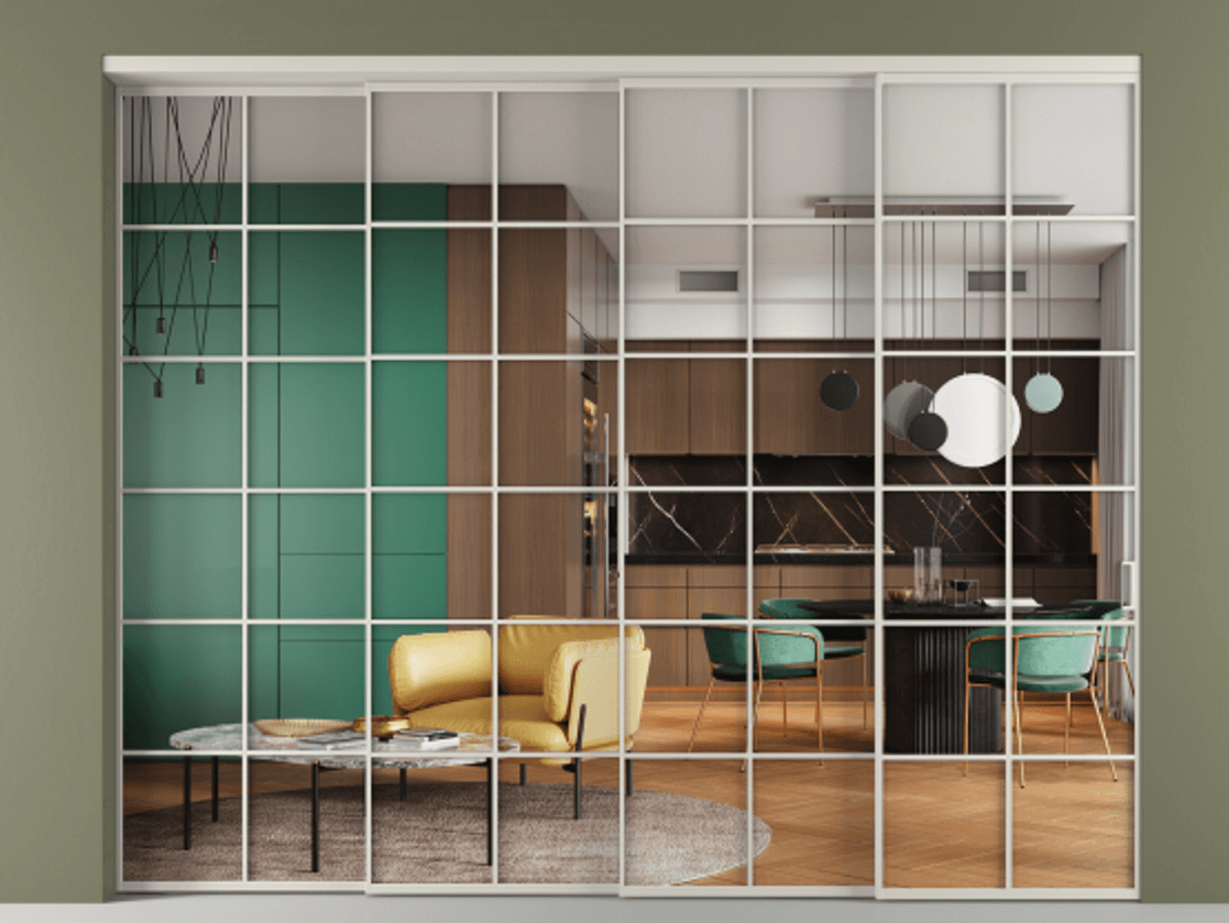 Перегородка Формато внутри проёма 4 створки с синхронным механизмом АЛПР 040.05 Алюминий тёплый серый Прозрачное стекло "Кристал Вижн", калёное. Цена 565710 ₽ 1. Полотно 4 шт. (800/2100 мм)
2. Комплект установки раздвижной системы
3. Базовый комплект фурнитуры
4. Комплект фурнитуры телескопик синхро-3
5. Ручка Рондо. Фабрика дверей Волховец 8 (800) 551 43 19 Перегородка Формато внутри проёма 4 створки с синхронным механизмом АЛПР 040.05 Алюминий тёплый серый Прозрачное стекло "Кристал Вижн", калёное Цена 565710 ₽ | Volhovec