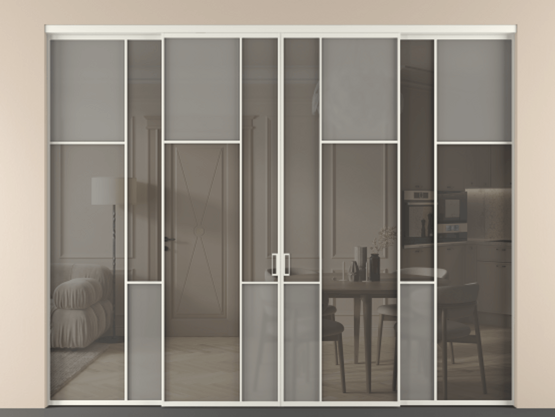 Перегородка Mosaic внутри проёма четырёхстворчатая АЛПР 041.11 Алюминий Белый Сатинированное серое стекло, триплекс, 6 мм + Прозрачное серое стекло, триплекс, 6 мм. Скрытый короб БЕЛ Цена 416720 ₽ . Фабрика дверей Волховец 8 (800) 551 43 19  Перегородка Mosaic внутри проёма четырёхстворчатая АЛПР 041.11 Алюминий Белый Сатинированное серое стекло, триплекс, 6 мм + Прозрачное серое стекло, триплекс, 6 мм Цена 416720 ₽ | Volhovec