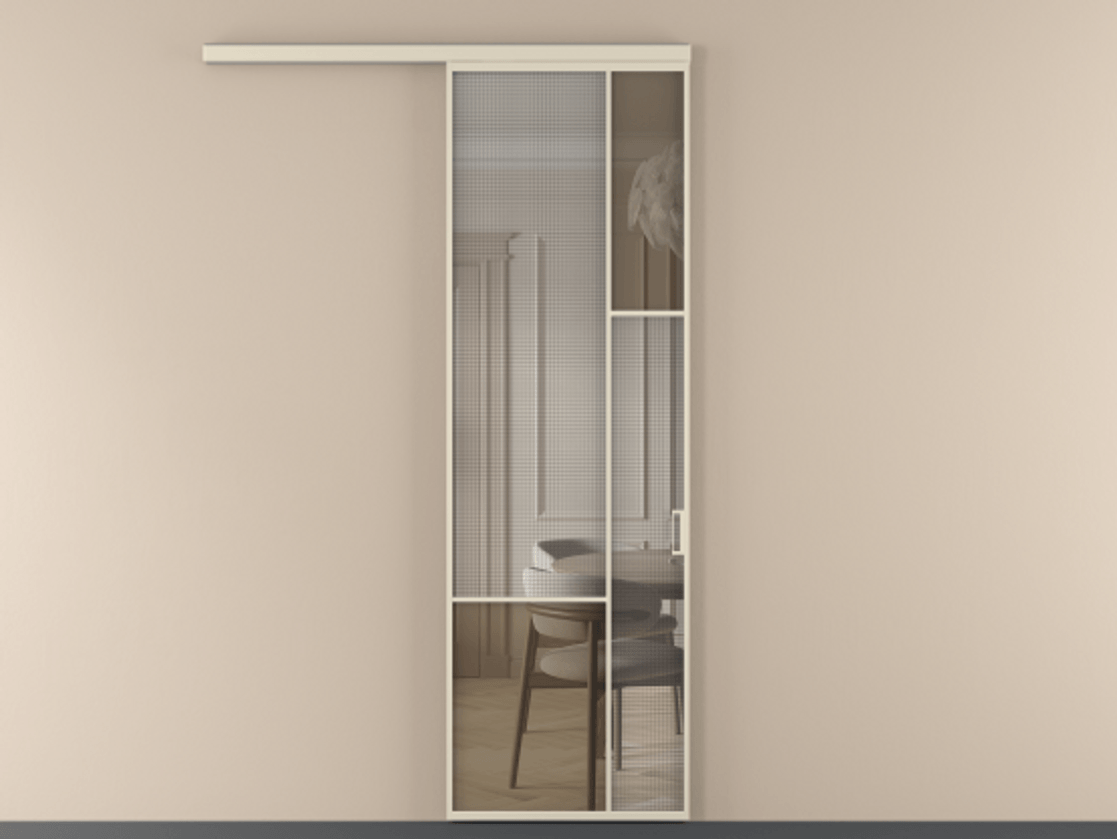 Перегородка Mosaic вдоль стены 1 створка АЛПР 041.12 Алюминий бежево-серый Декоративное стекло с сеткой "Mesh silver", триплекс, 6 мм + Прозрачное бронзовое стекло, триплекс. Цена 143030 ₽ . Фабрика дверей Волховец 8 (800) 551 43 19 Перегородка Mosaic вдоль стены 1 створка АЛПР 041.12 Алюминий бежево-серый Декоративное стекло с сеткой "Mesh silver", триплекс, 6 мм + Прозрачное бронзовое стекло, триплекс Цена 143030 ₽ | Volhovec