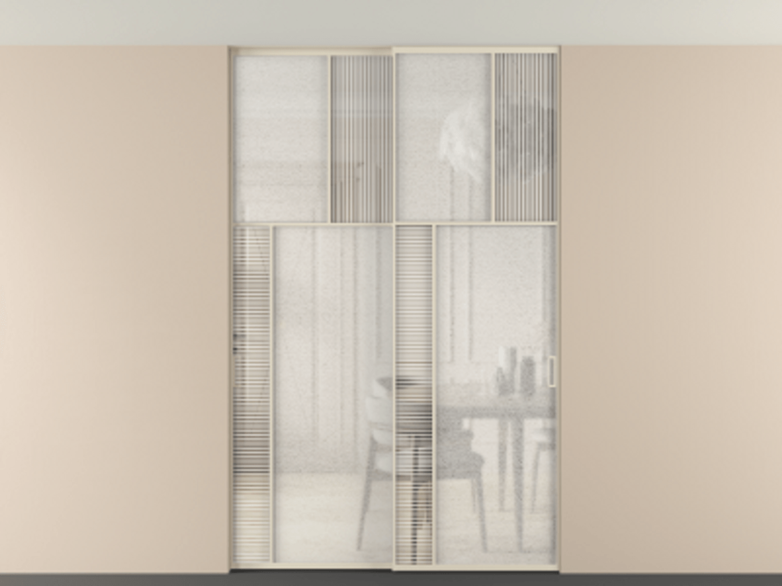 Перегородка Мозаик внутри проёма скрытое крепление в потолок 2 створки АЛПР 041.22 Алюминий бежево-серый Рифлёное стекло "Дюна", триплекс, 6 мм + Фактурное стекло "Лёд", триплекс. Цена 340580 ₽ . Фабрика дверей Волховец 8 (800) 551 43 19 Перегородка Мозаик внутри проёма скрытое крепление в потолок 2 створки АЛПР 041.22 Алюминий бежево-серый Рифлёное стекло "Дюна", триплекс, 6 мм + Фактурное стекло "Лёд", триплекс Цена 340580 ₽ | Volhovec