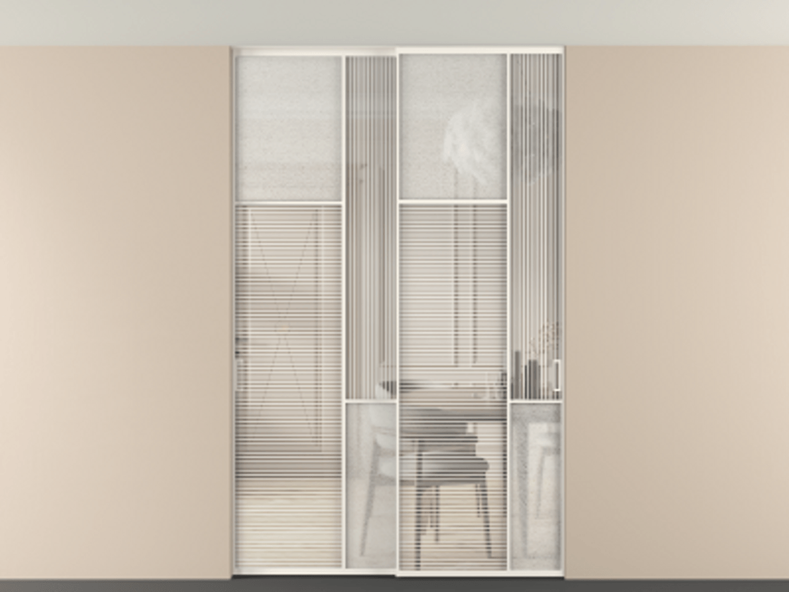 Перегородка Мозаик внутри проёма скрытое крепление в потолок 2 створки АЛПР 041.10 Алюминий пудровый белый Рифлёное стекло "Дюна", триплекс, 6 мм + Фактурное стекло "Лёд", триплекс. Цена 340580 ₽ . Фабрика дверей Волховец 8 (800) 551 43 19 Перегородка Мозаик внутри проёма скрытое крепление в потолок 2 створки АЛПР 041.10 Алюминий пудровый белый Рифлёное стекло "Дюна", триплекс, 6 мм + Фактурное стекло "Лёд", триплекс Цена 340580 ₽ | Volhovec