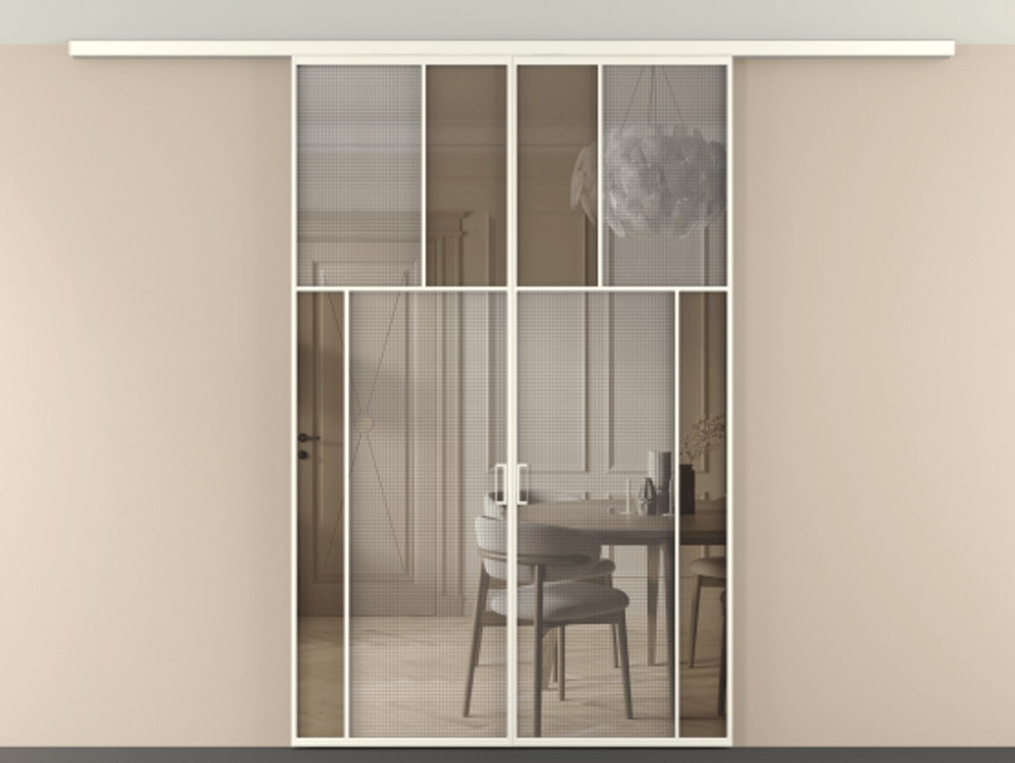 Перегородка Mosaic вдоль стены на потолок двустворчатая АЛПР 041.23 Алюминий жемчужный Декоративное стекло с сеткой "Mesh silver", триплекс, 6 мм + Прозрачное бронзовое стекло, триплекс, 6 мм. Цена 259920 ₽ . Фабрика дверей Волховец 8 (800) 551 43 19 Перегородка Mosaic вдоль стены на потолок двустворчатая АЛПР 041.23 Алюминий жемчужный Декоративное стекло с сеткой "Mesh silver", триплекс, 6 мм + Прозрачное бронзовое стекло, триплекс, 6 мм Цена 259920 ₽ | Volhovec