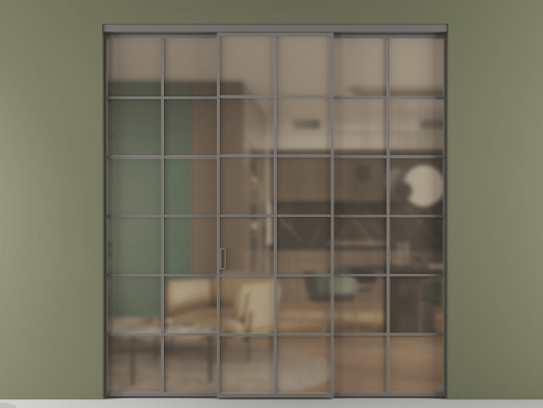 Перегородка Формато внутри проёма 3 створки АЛПР 040.05 Алюминий классический серый Сатинированное бронзовое стекло, триплекс. Цена 254825 ₽ 1. Полотно 3 шт. (800/2100 мм)
2. Комплект установки раздвижной системы
3. Базовый комплект фурнитуры
4.Ручка Рондо. Фабрика дверей Волховец 8 (800) 551 43 19 Перегородка Формато внутри проёма 3 створки АЛПР 040.05 Алюминий классический серый Сатинированное бронзовое стекло, триплекс Цена 254825 ₽ | Volhovec