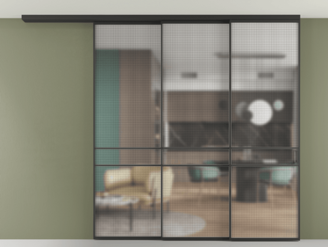 Перегородка Formato вдоль стены на потолок телескопик синхро 3 АЛПР 040.02 Алюминий Черный Декоративное стекло с сеткой "Mesh silver", триплекс, 6 мм. Скрытый короб ЧЕР Цена 424220 ₽ 1. Полотно 2 шт.  (800/2100 мм)
2. Комплект установки раздвижной системы
3. Базовый комплект фурнитуры
4.Ручка RONDO
. Фабрика дверей Волховец 8 (800) 551 43 19  Перегородка Formato вдоль стены на потолок телескопик синхро 3 АЛПР 040.02 Алюминий Черный Декоративное стекло с сеткой "Mesh silver", триплекс, 6 мм Цена 424220 ₽ | Volhovec