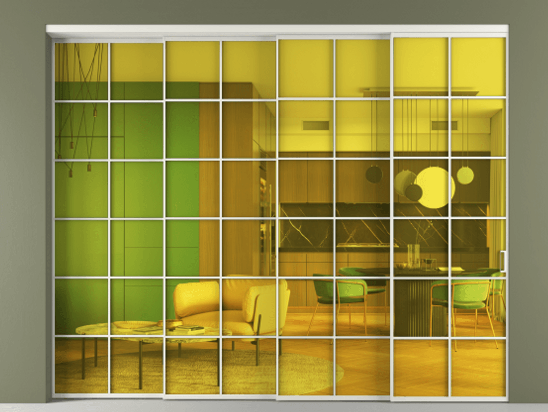 Перегородка Formato внутри проёма 4 створки с синхронным механизмом АЛПР 040.05 Алюминий серый Прозрачное жёлтое стекло, триплекс. Цена 488680 ₽ 1. Полотно 4 шт. (800/2100 мм)
2. Комплект установки раздвижной системы
3. Базовый комплект фурнитуры
4. Комплект фурнитуры телескопик синхро-3
5. Ручка RONDO
. Фабрика дверей Волховец 8 (800) 551 43 19 Перегородка Formato внутри проёма 4 створки с синхронным механизмом АЛПР 040.05 Алюминий серый Прозрачное жёлтое стекло, триплекс Цена 488680 ₽ | Volhovec