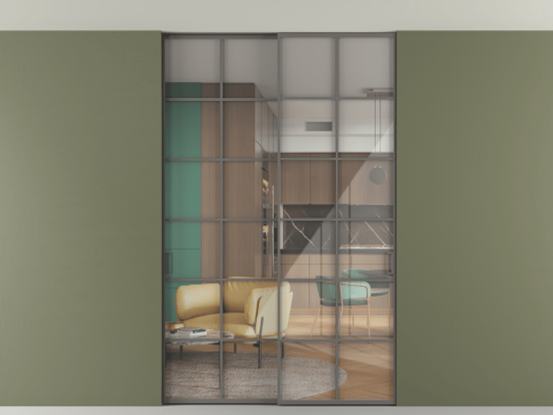 Перегородка Формато внутри проёма скрытое крепление в потолок 2 створки АЛПР 040.05 Алюминий классический серый Рефлективное прозрачное стекло "Стопсол", калёное. Цена 322680 ₽ 1. Полотно 2 шт. (800/2100 мм)
2. Комплект установки раздвижной системы
3. Базовый комплект фурнитуры
4. Ручка Рондо. Фабрика дверей Волховец 8 (800) 551 43 19 Перегородка Формато внутри проёма скрытое крепление в потолок 2 створки АЛПР 040.05 Алюминий классический серый Рефлективное прозрачное стекло "Стопсол", калёное Цена 322680 ₽ | Volhovec