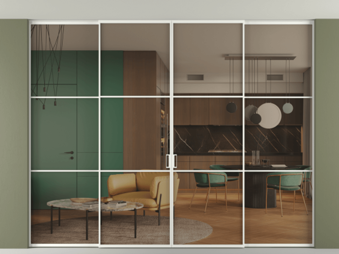 Перегородка Формато внутри проёма скрытое крепление в потолок 4 створки АЛПР 040.03 Алюминий светло-серый Прозрачное бронзовое стекло, триплекс. Цена 440530 ₽ 1. Полотно 4 шт. (800/2100 мм)
2. Комплект установки раздвижной системы
3. Базовый комплект фурнитуры
4.Ручка Рондо. Фабрика дверей Волховец 8 (800) 551 43 19 Перегородка Формато внутри проёма скрытое крепление в потолок 4 створки АЛПР 040.03 Алюминий светло-серый Прозрачное бронзовое стекло, триплекс Цена 440530 ₽ | Volhovec