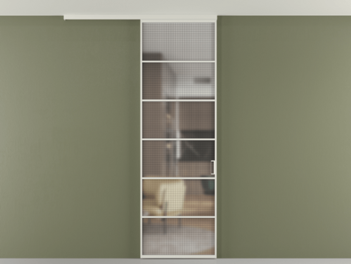 Перегородка Formato вдоль стены на потолок одностворчатая АЛПР 040.04 Алюминий Белый Декоративное стекло с сеткой "Mesh silver", триплекс, 6 мм. Скрытый короб БЕЛ Цена 122040 ₽ 1. Полотно 2 шт.  (800/2100 мм)
2. Комплект установки раздвижной системы
3. Базовый комплект фурнитуры
4.Ручка RONDO
. Фабрика дверей Волховец 8 (800) 551 43 19  Перегородка Formato вдоль стены на потолок одностворчатая АЛПР 040.04 Алюминий Белый Декоративное стекло с сеткой "Mesh silver", триплекс, 6 мм Цена 122040 ₽ | Volhovec