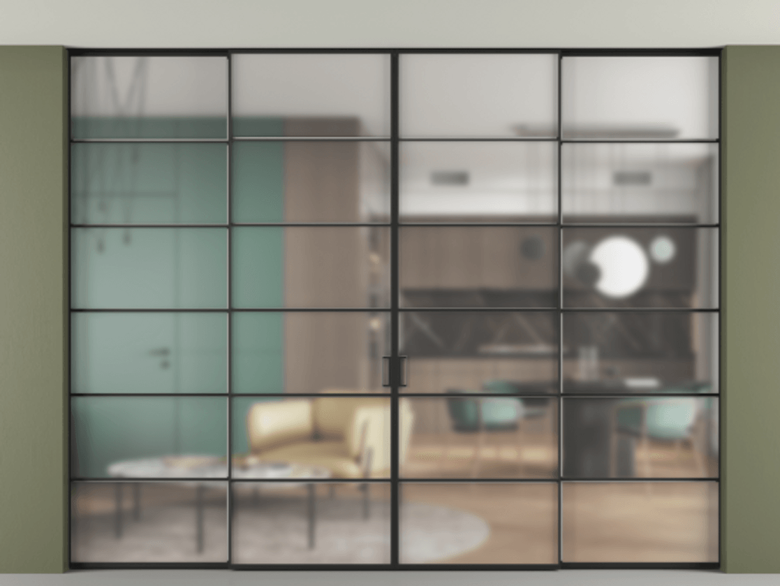 Перегородка Formato внутри проёма четырёхстворчатая со скрытым креплением в потолок АЛПР 040.04 Алюминий Черный Сатинированное стекло "Matelux Crystal Vision", калёное, 6 мм, матовое, каленое 6 мм. Скрытый короб ЧЕР Цена 540960 ₽ 1. Полотно 4 шт. (800/2100 мм)
 2. Комплект установки раздвижной системы
 3. Базовый комплект фурнитуры
4.Ручка RONDO. Фабрика дверей Волховец 8 (800) 551 43 19  Перегородка Formato внутри проёма четырёхстворчатая со скрытым креплением в потолок АЛПР 040.04 Алюминий Черный Сатинированное стекло "Matelux Crystal Vision", калёное, 6 мм, матовое, каленое 6 мм Цена 540960 ₽ | Volhovec