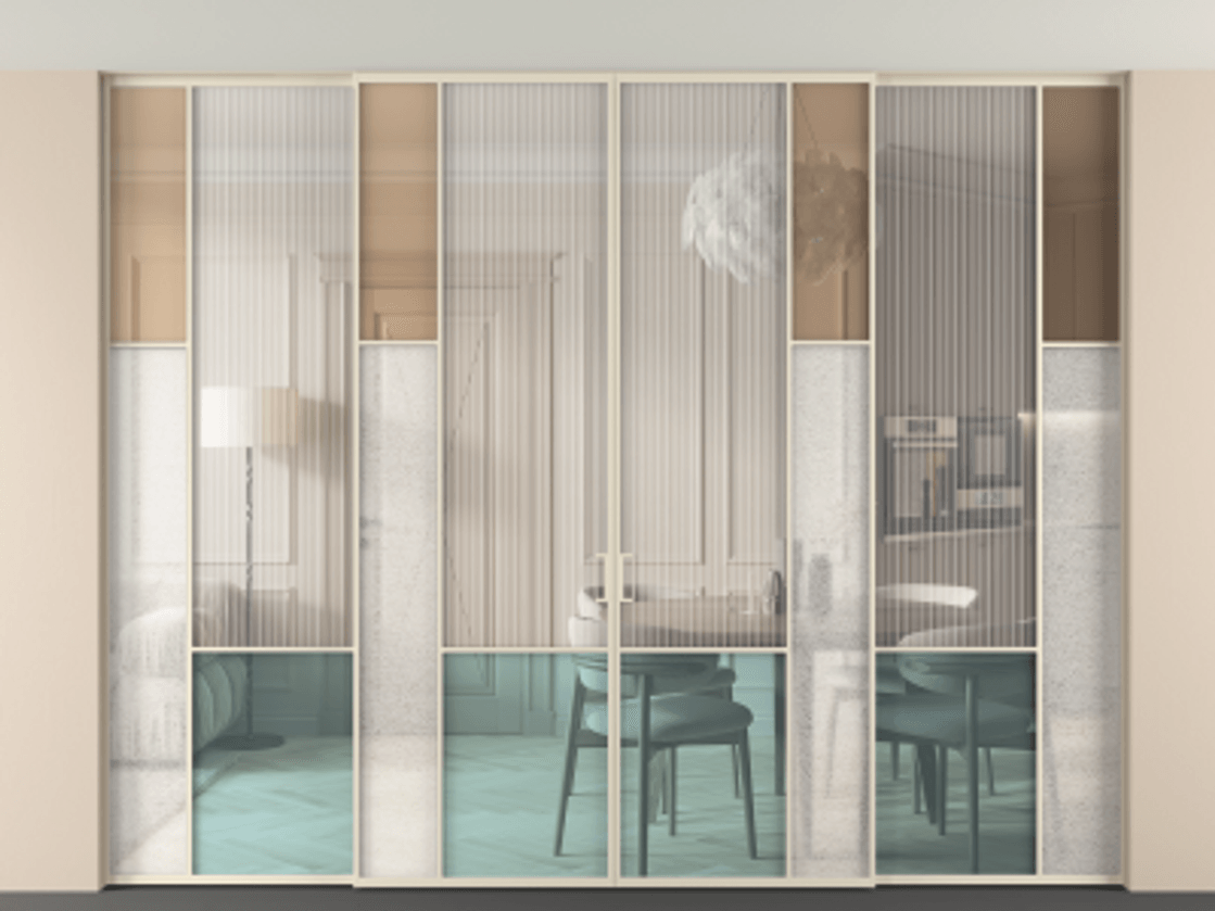 Перегородка Mosaic внутри проёма четырёхстворчатая со скрытым креплением в потолок АЛПР 041.12 Алюминий бежево-серый Комбинация стекол Группы 1 и Группы 3. Цена 559440 ₽ . Фабрика дверей Волховец 8 (800) 551 43 19 Перегородка Mosaic внутри проёма четырёхстворчатая со скрытым креплением в потолок АЛПР 041.12 Алюминий бежево-серый Комбинация стекол Группы 1 и Группы 3 Цена 559440 ₽ | Volhovec