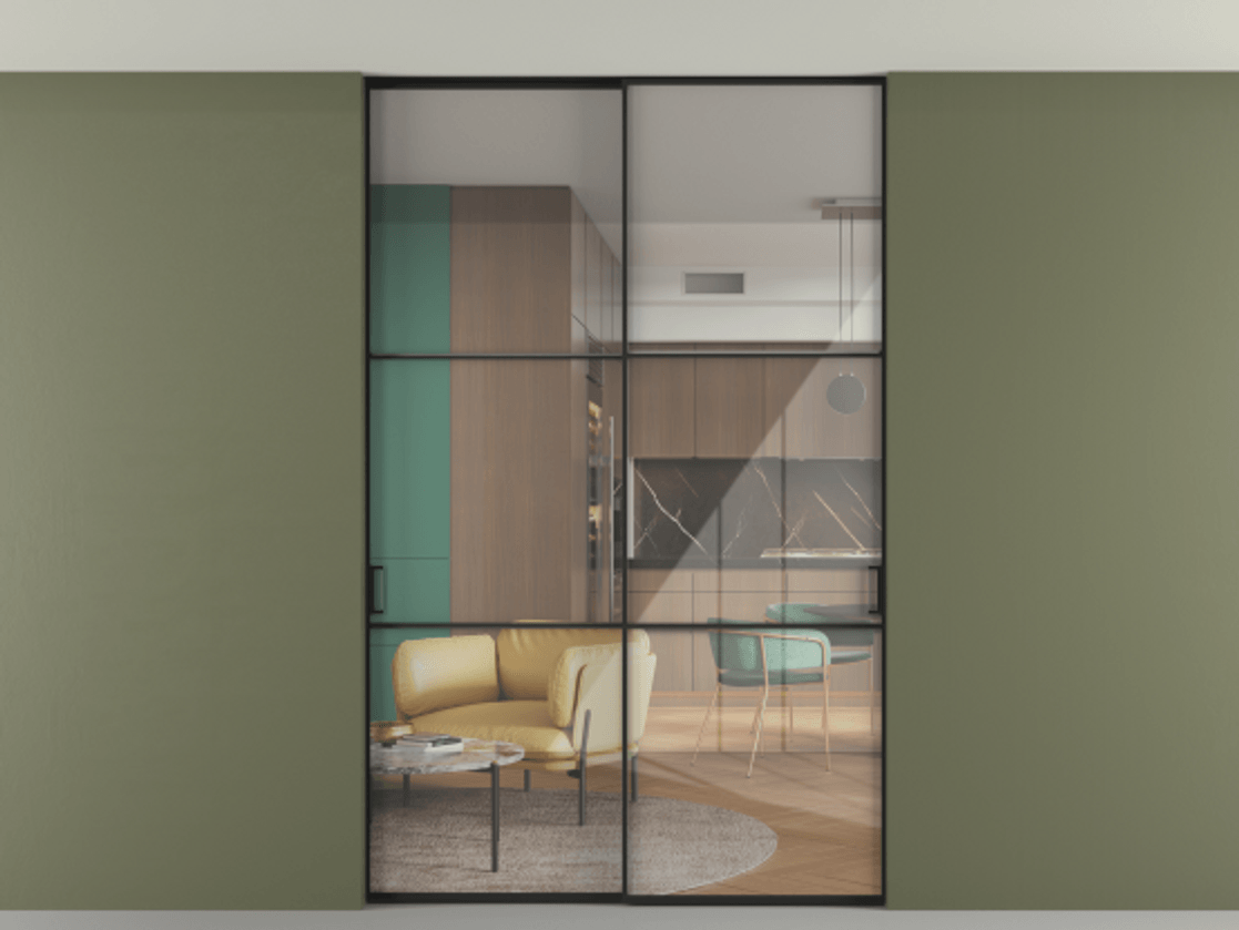 Перегородка Формато внутри проёма скрытое крепление в потолок 2 створки АЛПР 040.03 Алюминий Черный Рефлективное прозрачное стекло "Стопсол", калёное. Скрытый короб ЧЕР Цена 297600 ₽ 1. Полотно 2 шт. (800/2100 мм)
2. Комплект установки раздвижной системы
3. Базовый комплект фурнитуры
4. Ручка RONDO. Фабрика дверей Волховец 8 (800) 551 43 19 Перегородка Формато внутри проёма скрытое крепление в потолок 2 створки АЛПР 040.03 Алюминий Черный Рефлективное прозрачное стекло "Стопсол", калёное Цена 297600 ₽ | Volhovec