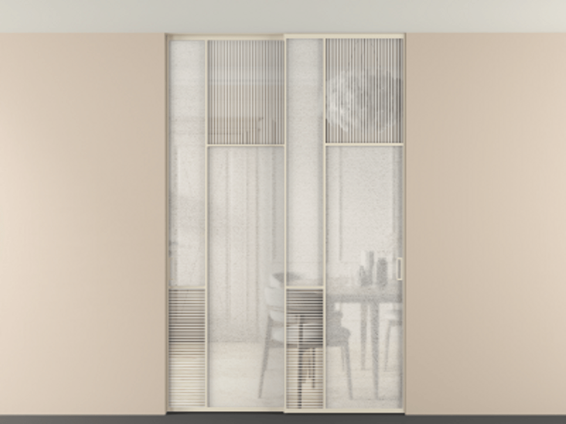 Перегородка Мозаик внутри проёма скрытое крепление в потолок 2 створки АЛПР 041.11 Алюминий бежево-серый Рифлёное стекло "Дюна", триплекс, 6 мм + Фактурное стекло "Лёд", триплекс. Цена 340580 ₽ . Фабрика дверей Волховец 8 (800) 551 43 19 Перегородка Мозаик внутри проёма скрытое крепление в потолок 2 створки АЛПР 041.11 Алюминий бежево-серый Рифлёное стекло "Дюна", триплекс, 6 мм + Фактурное стекло "Лёд", триплекс Цена 340580 ₽ | Volhovec