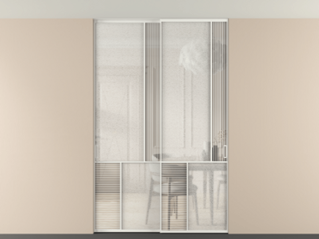 Перегородка Мозаик внутри проёма скрытое крепление в потолок 2 створки АЛПР 041.21 Алюминий светло-серый Рифлёное стекло "Дюна", триплекс, 6 мм + Фактурное стекло "Лёд", триплекс. Цена 340580 ₽ . Фабрика дверей Волховец 8 (800) 551 43 19 Перегородка Мозаик внутри проёма скрытое крепление в потолок 2 створки АЛПР 041.21 Алюминий светло-серый Рифлёное стекло "Дюна", триплекс, 6 мм + Фактурное стекло "Лёд", триплекс Цена 340580 ₽ | Volhovec