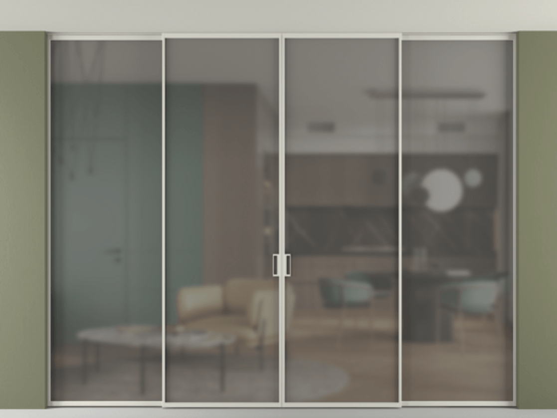 Перегородка Formato внутри проёма скрытое крепление в потолок 4 створки АЛПР 040.01 Алюминий тёплый серый Сатинированное серое стекло, триплекс. Цена 422710 ₽ 1. Полотно 4 шт. (800/2100 мм)
2. Комплект установки раздвижной системы
3. Базовый комплект фурнитуры
4.Ручка RONDO. Фабрика дверей Волховец 8 (800) 551 43 19 Перегородка Formato внутри проёма скрытое крепление в потолок 4 створки АЛПР 040.01 Алюминий тёплый серый Сатинированное серое стекло, триплекс Цена 422710 ₽ | Volhovec