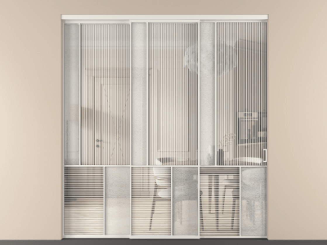 Перегородка Мозаик внутри проёма 3 створки с синхронным механизмом АЛПР 041.20 Алюминий Белый Рифлёное стекло "Дюна", триплекс, 6 мм + Фактурное стекло "Лёд", триплекс. Скрытый короб БЕЛ Цена 441070 ₽ . Фабрика дверей Волховец 8 (800) 551 43 19 Перегородка Мозаик внутри проёма 3 створки с синхронным механизмом АЛПР 041.20 Алюминий Белый Рифлёное стекло "Дюна", триплекс, 6 мм + Фактурное стекло "Лёд", триплекс Цена 441070 ₽ | Volhovec