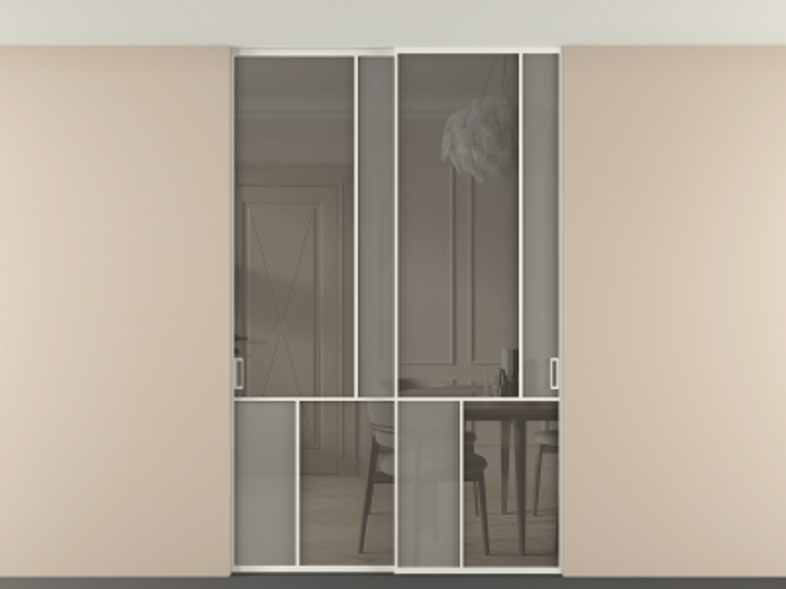 Перегородка Мозаик внутри проёма скрытое крепление в потолок 2 створки АЛПР 041.21 Алюминий Белый Сатинированное серое стекло, триплекс, 6 мм + Прозрачное серое стекло, триплекс. Скрытый короб БЕЛ Цена 315020 ₽ . Фабрика дверей Волховец 8 (800) 551 43 19 Перегородка Мозаик внутри проёма скрытое крепление в потолок 2 створки АЛПР 041.21 Алюминий Белый Сатинированное серое стекло, триплекс, 6 мм + Прозрачное серое стекло, триплекс Цена 315020 ₽ | Volhovec