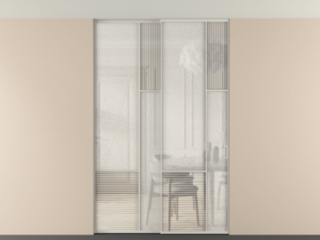 Перегородка Мозаик внутри проёма скрытое крепление в потолок 2 створки АЛПР 041.12 Алюминий тёплый серый Рифлёное стекло "Дюна", триплекс, 6 мм + Фактурное стекло "Лёд", триплекс. Цена 340580 ₽ . Фабрика дверей Волховец 8 (800) 551 43 19 Перегородка Мозаик внутри проёма скрытое крепление в потолок 2 створки АЛПР 041.12 Алюминий тёплый серый Рифлёное стекло "Дюна", триплекс, 6 мм + Фактурное стекло "Лёд", триплекс Цена 340580 ₽ | Volhovec