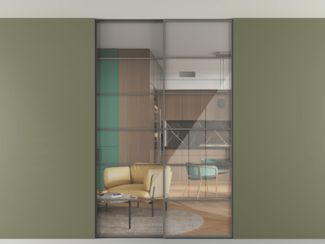 Перегородка Формато внутри проёма скрытое крепление в потолок 2 створки АЛПР 040.04 Алюминий классический серый Рефлективное прозрачное стекло "Стопсол", калёное. Цена 322680 ₽ 1. Полотно 2 шт. (800/2100 мм)
2. Комплект установки раздвижной системы
3. Базовый комплект фурнитуры
4. Ручка RONDO. Фабрика дверей Волховец 8 (800) 551 43 19 Перегородка Формато внутри проёма скрытое крепление в потолок 2 створки АЛПР 040.04 Алюминий классический серый Рефлективное прозрачное стекло "Стопсол", калёное Цена 322680 ₽ | Volhovec