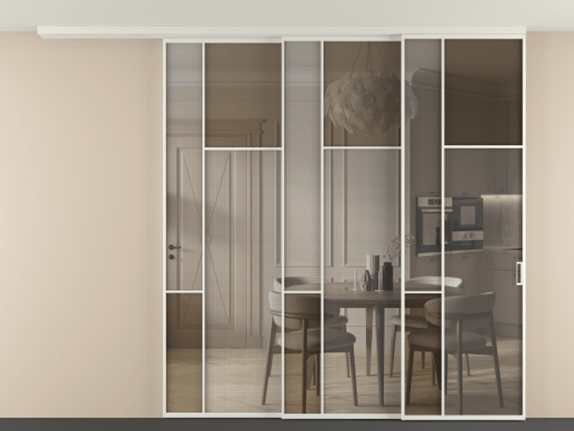 Перегородка Mosaic вдоль стены телескопик синхро 3 АЛПР 041.11 Алюминий Белый Декоративное стекло с сеткой "Mesh silver", триплекс, 6 мм + Прозрачное бронзовое стекло, триплекс, 6 мм. Скрытый короб БЕЛ Цена 465680 ₽ . Фабрика дверей Волховец 8 (800) 551 43 19  Перегородка Mosaic вдоль стены телескопик синхро 3 АЛПР 041.11 Алюминий Белый Декоративное стекло с сеткой "Mesh silver", триплекс, 6 мм + Прозрачное бронзовое стекло, триплекс, 6 мм Цена 465680 ₽ | Volhovec