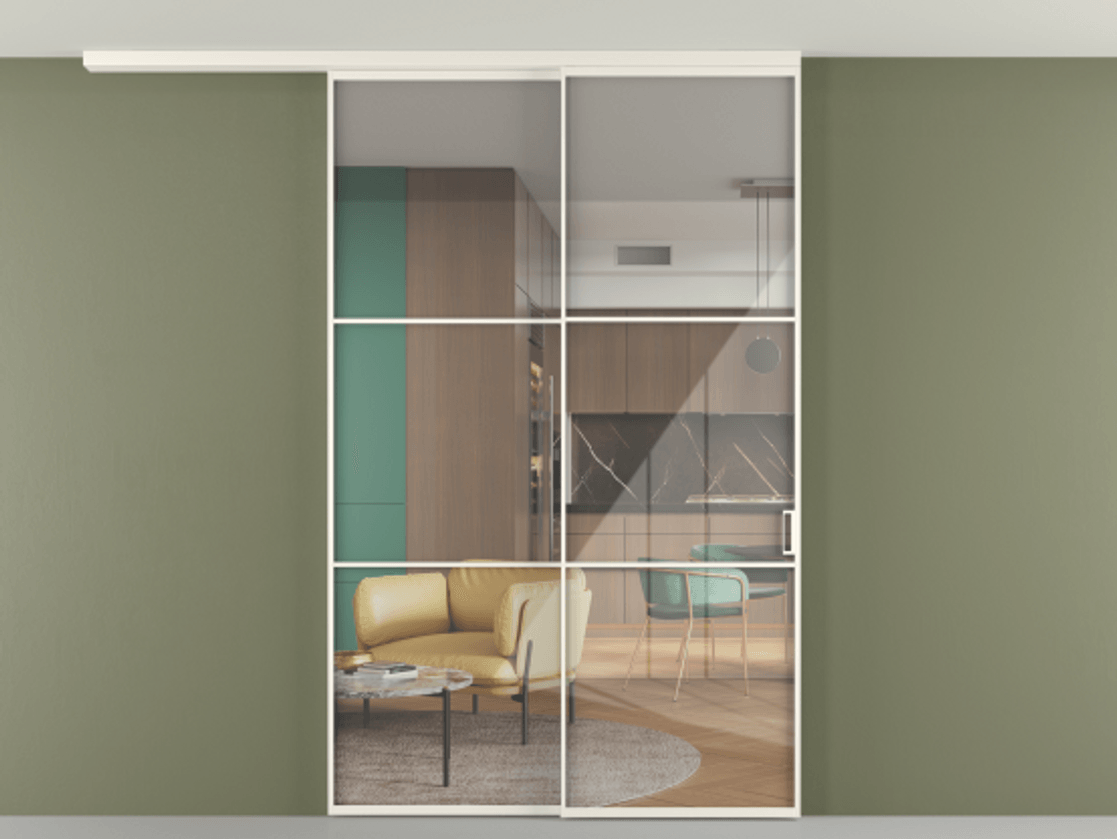 Перегородка Формато вдоль стены на потолок 2 створки с синхронным механизмом АЛПР 040.03 Алюминий пудровый белый Рефлективное прозрачное стекло "Стопсол", калёное. Цена 327020 ₽ 1. Полотно 2 шт. (800/2100 мм)
2. Комплект установки раздвижной системы
3. Базовый комплект фурнитуры
4.Ручка Рондо. Фабрика дверей Волховец 8 (800) 551 43 19 Перегородка Формато вдоль стены на потолок 2 створки с синхронным механизмом АЛПР 040.03 Алюминий пудровый белый Рефлективное прозрачное стекло "Стопсол", калёное Цена 327020 ₽ | Volhovec