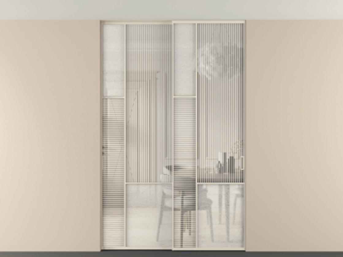 Перегородка Мозаик внутри проёма скрытое крепление в потолок 2 створки АЛПР 041.13 Алюминий бежево-серый Рифлёное стекло "Дюна", триплекс, 6 мм + Фактурное стекло "Лёд", триплекс. Цена 340580 ₽ . Фабрика дверей Волховец 8 (800) 551 43 19 Перегородка Мозаик внутри проёма скрытое крепление в потолок 2 створки АЛПР 041.13 Алюминий бежево-серый Рифлёное стекло "Дюна", триплекс, 6 мм + Фактурное стекло "Лёд", триплекс Цена 340580 ₽ | Volhovec