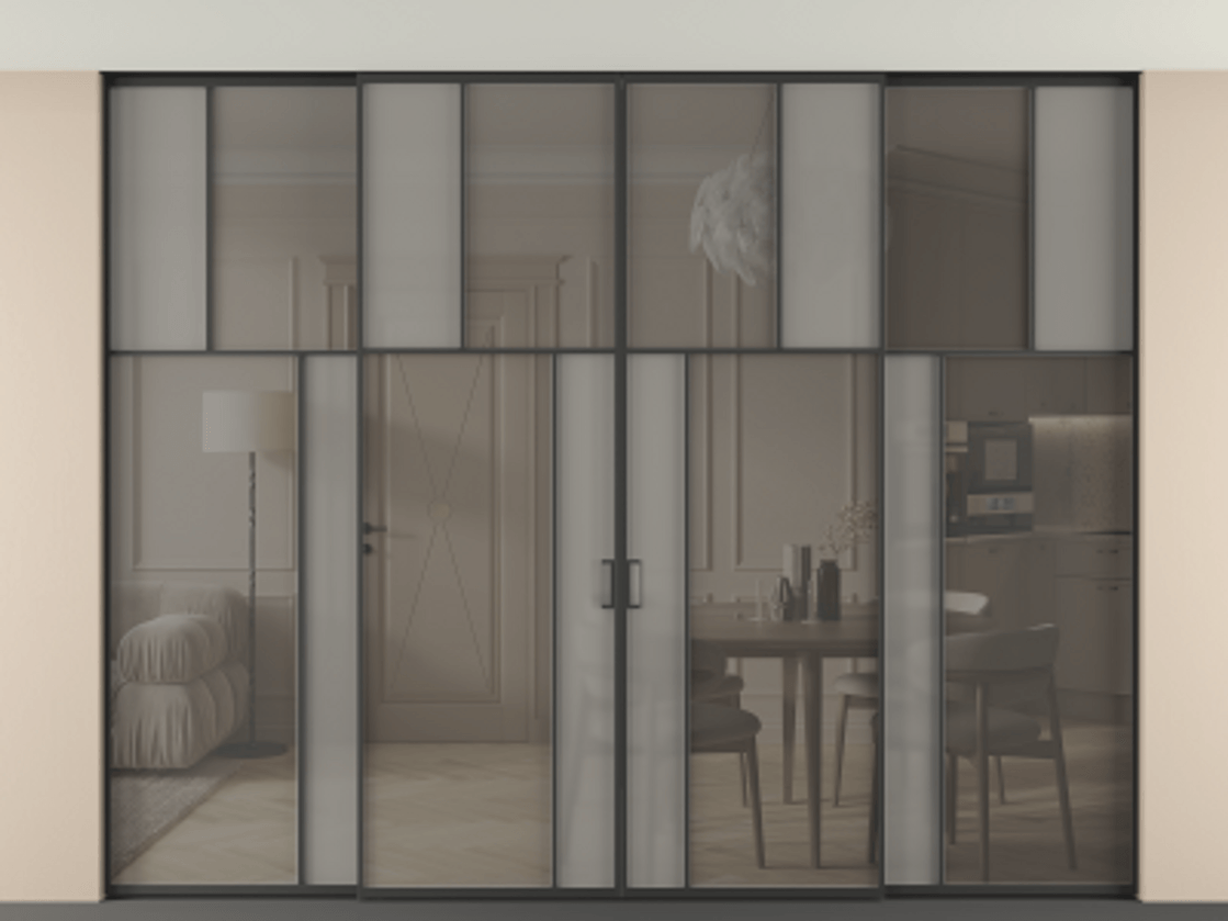 Перегородка Mosaic внутри проёма скрытое крепление в потолок 4 створки АЛПР 041.22 Алюминий Черный Сатинированное серое стекло, триплекс, 6 мм + Прозрачное серое стекло, триплекс. Скрытый короб ЧЕР Цена 574140 ₽ . Фабрика дверей Волховец 8 (800) 551 43 19 Перегородка Mosaic внутри проёма скрытое крепление в потолок 4 створки АЛПР 041.22 Алюминий Черный Сатинированное серое стекло, триплекс, 6 мм + Прозрачное серое стекло, триплекс Цена 574140 ₽ | Volhovec