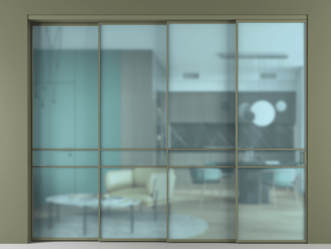 Перегородка Formato внутри проёма 4 створки с синхронным механизмом АЛПР 040.02 Алюминий оливковый тёмный Сатинированное голубое стекло, триплекс. Цена 463720 ₽ 1. Полотно 4 шт. (800/2100 мм)
2. Комплект установки раздвижной системы
3. Базовый комплект фурнитуры
4. Комплект фурнитуры телескопик синхро-3
5. Ручка RONDO
. Фабрика дверей Волховец 8 (800) 551 43 19 Перегородка Formato внутри проёма 4 створки с синхронным механизмом АЛПР 040.02 Алюминий оливковый тёмный Сатинированное голубое стекло, триплекс Цена 463720 ₽ | Volhovec